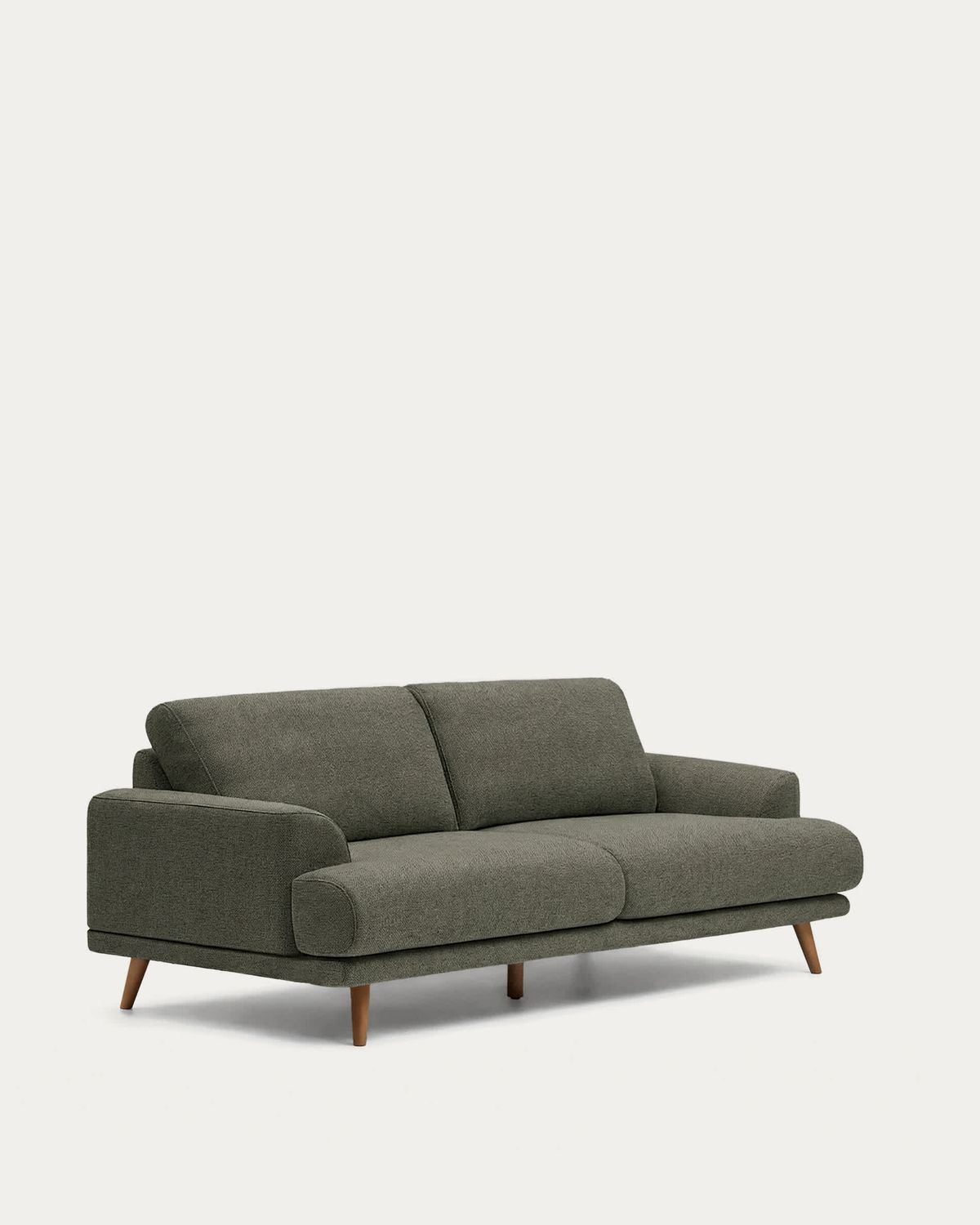 Sofá Karin 2 plazas verde oscuro y patas de madera maciza de haya con acabado tono nogal 211 cm
