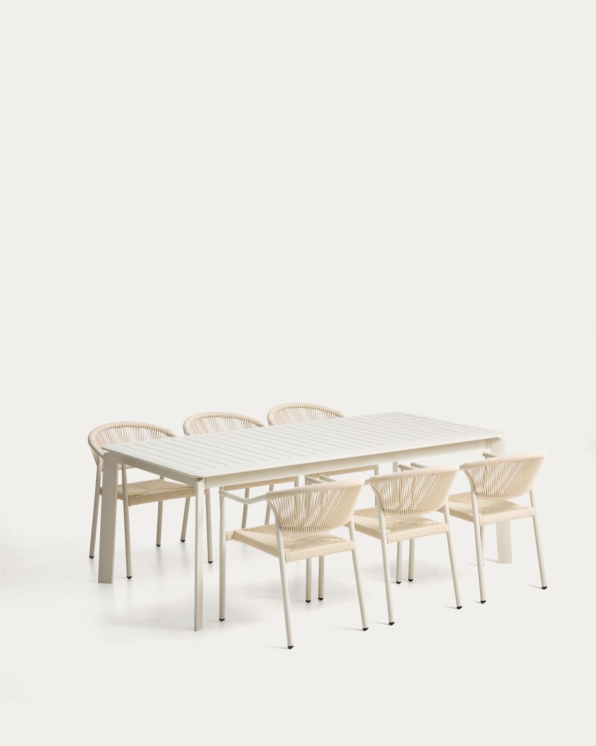 Set de mesa extensible Brela de aluminio y 6 sillas apilables Livadia de aluminio y cuerda sintética crudo 205(287) x 100 cm