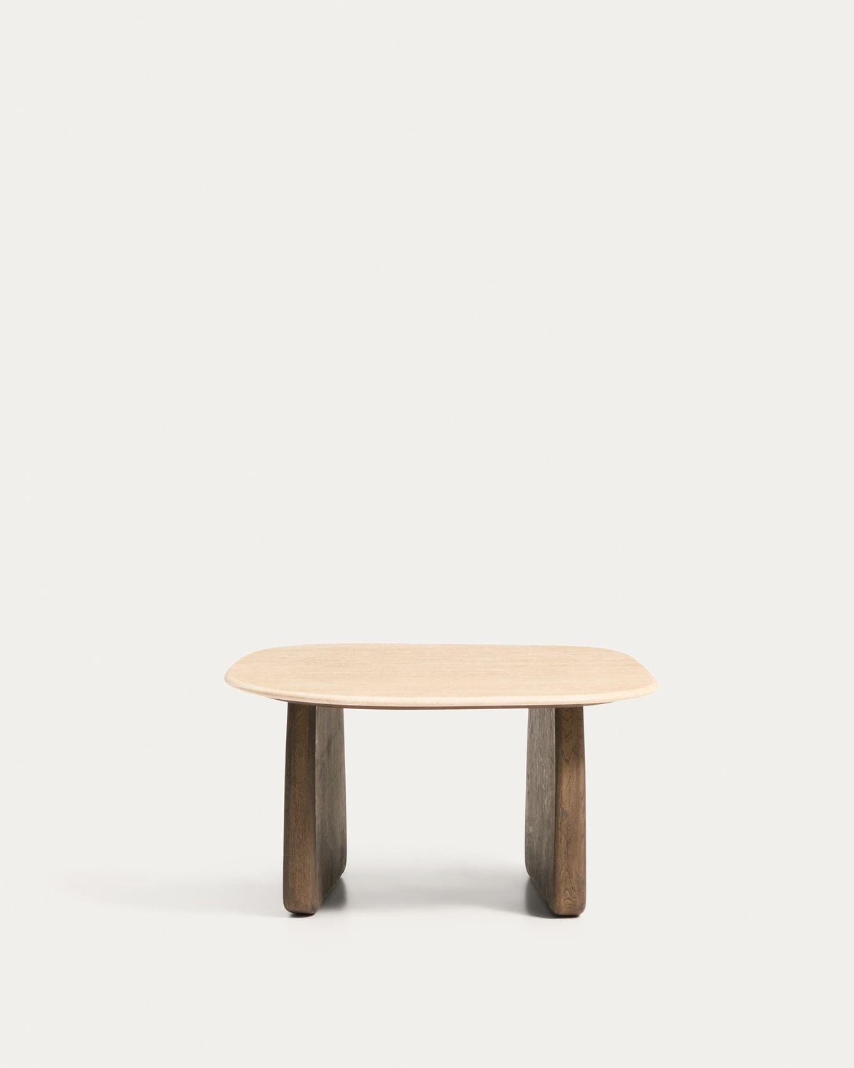Mesa auxiliar Pirita de travertino beige y patas de madera maciza de roble acabado oscuro 71 x 70 cm FSC 100%