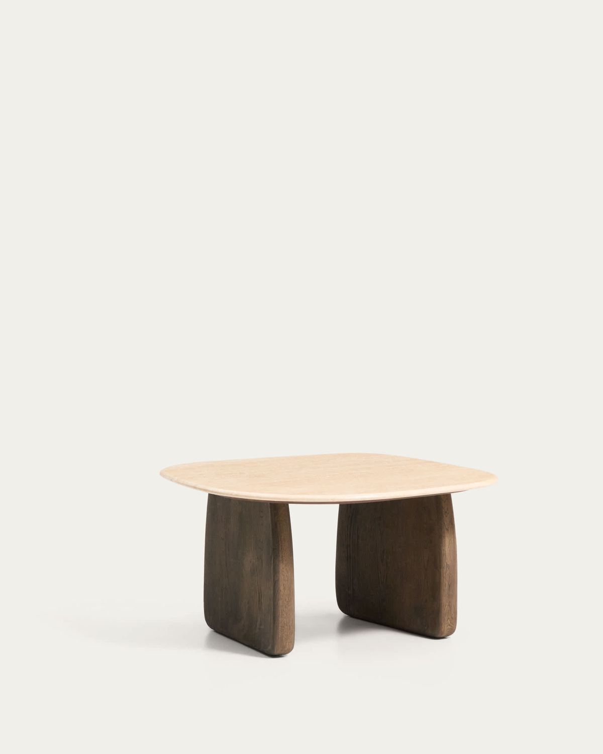 Mesa auxiliar Pirita de travertino beige y patas de madera maciza de roble acabado oscuro 71 x 70 cm FSC 100%