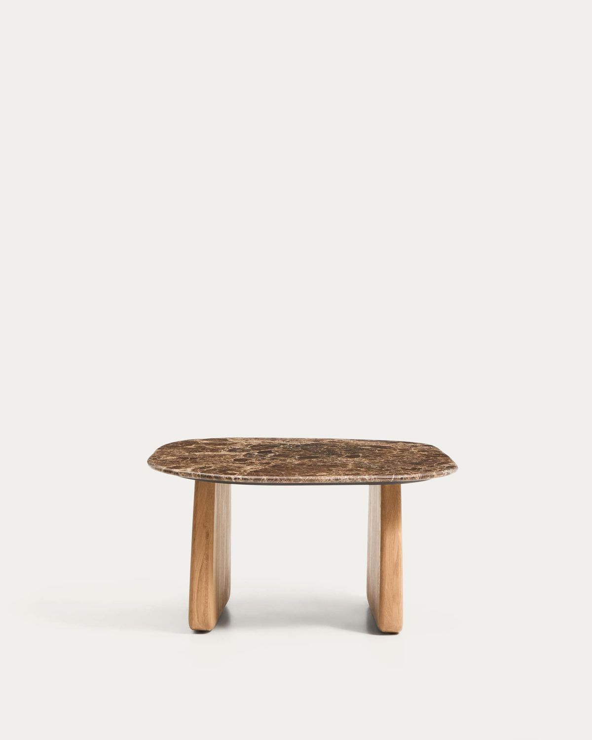 Mesa auxiliar Pirita de mármol marrón y patas de madera maciza de roble acabado tono natural 71 x 70 cm FSC 100%