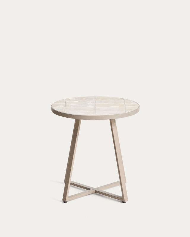 Mesa auxiliar redonda Tella de acero galvanizado y azulejos beige Ø45 cm