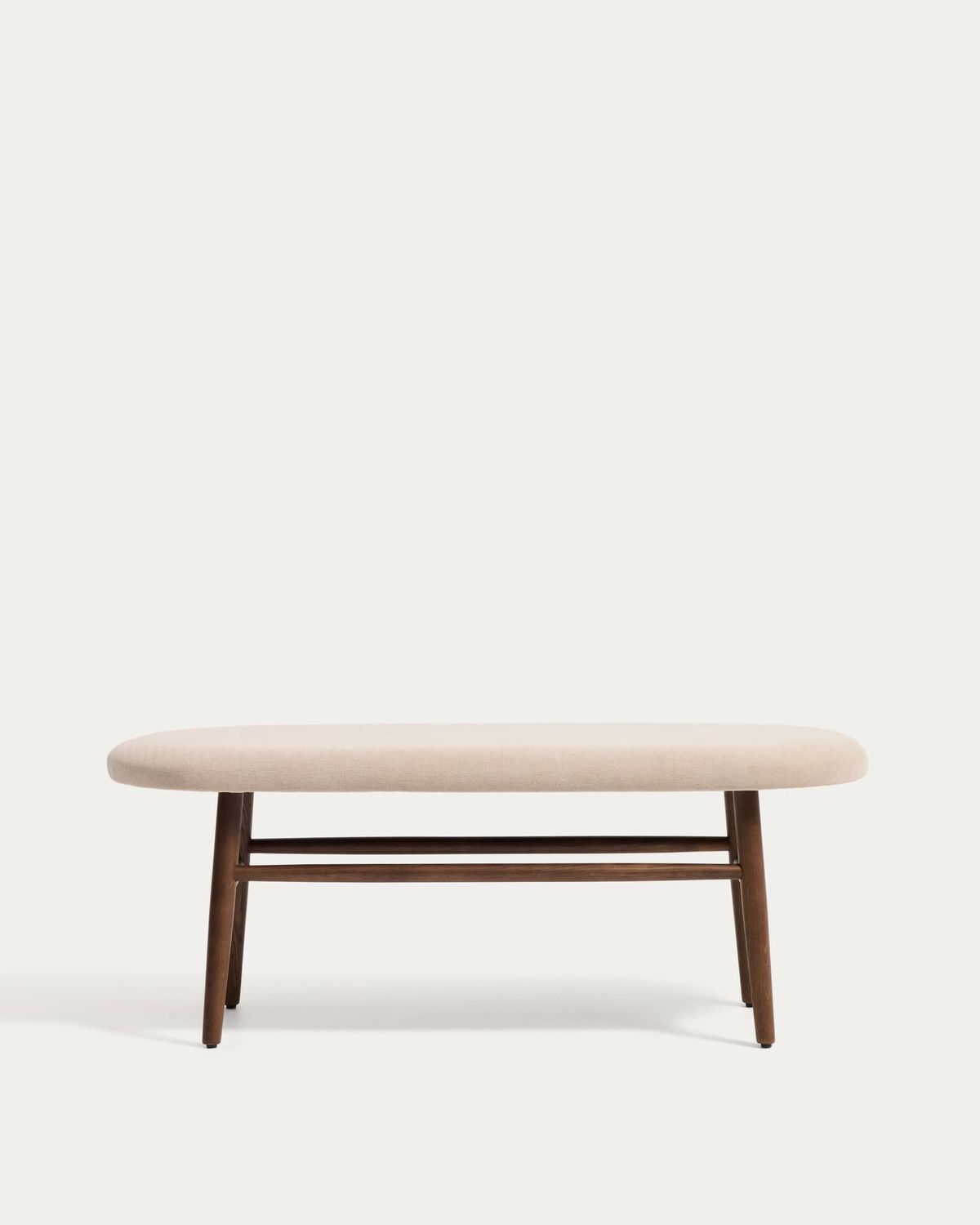 Banco Helda de chenilla marrón y madera maciza de roble acabado nogal FSC Mix Credit 122 cm