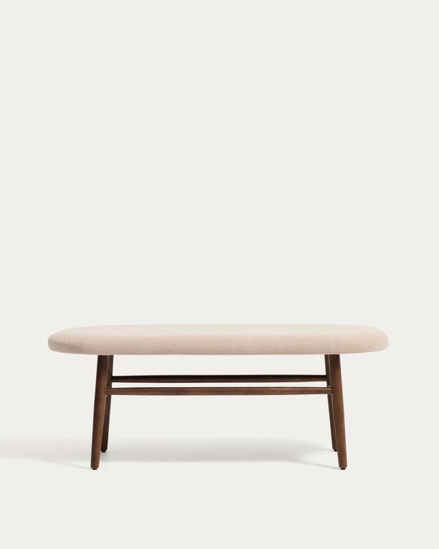 Banco Helda de chenilla marrón y madera maciza de roble acabado nogal FSC Mix Credit 122 cm