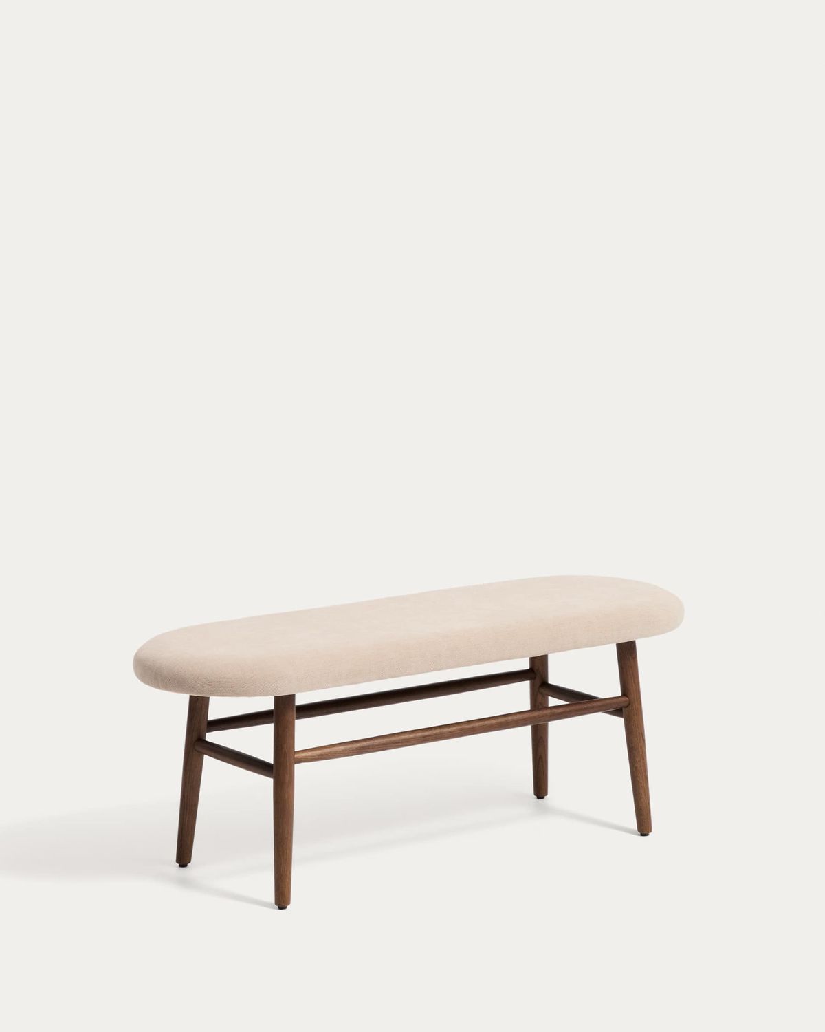 Banco Helda de chenilla marrón y madera maciza de roble acabado nogal FSC Mix Credit 122 cm