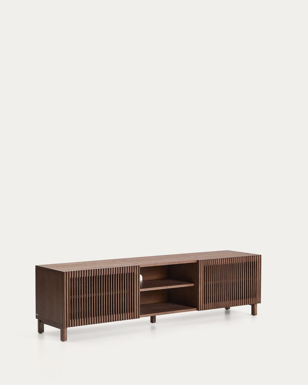 Mueble TV Beyla 2 puertas de chapa y madera maciza de fresno con acabado tono nogal 180 x 49,5 cm FSC 100%