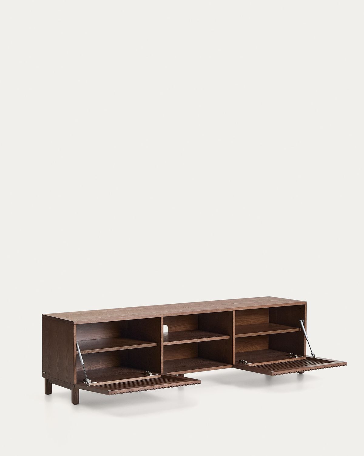 Mueble TV Beyla 2 puertas de chapa y madera maciza de fresno con acabado tono nogal 180 x 49,5 cm FSC 100%