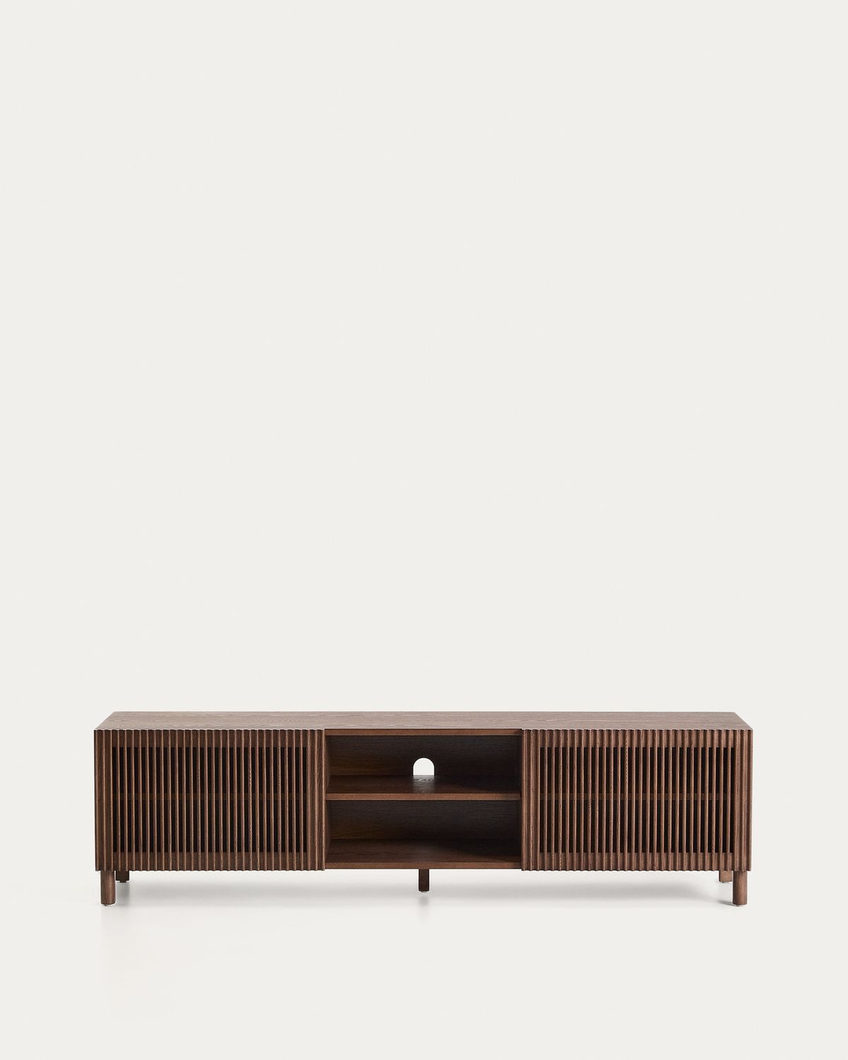 Mueble TV Beyla 2 puertas de chapa y madera maciza de fresno con acabado tono nogal 180 x 49,5 cm FSC 100%