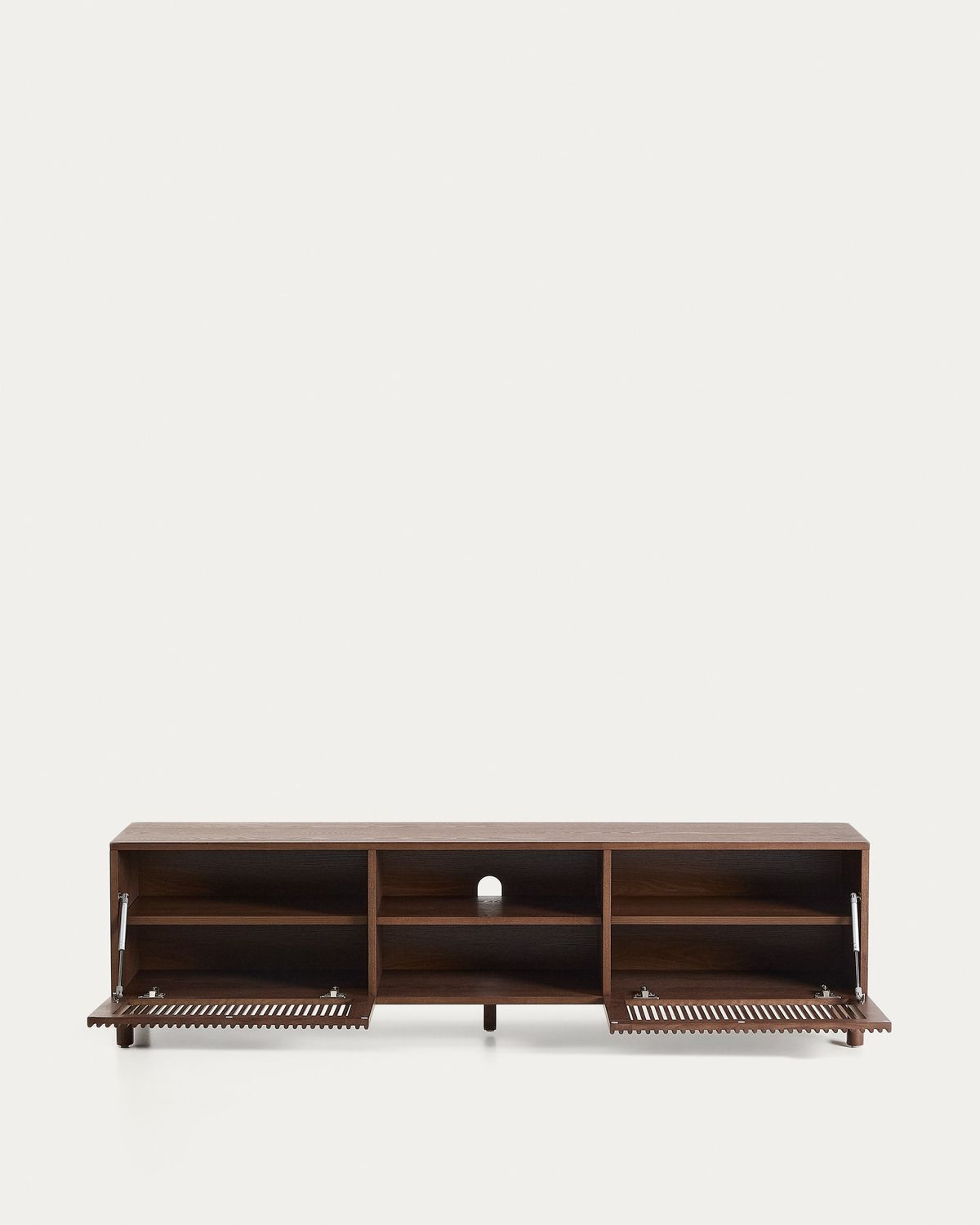 Mueble TV Beyla 2 puertas de chapa y madera maciza de fresno con acabado tono nogal 180 x 49,5 cm FSC 100%