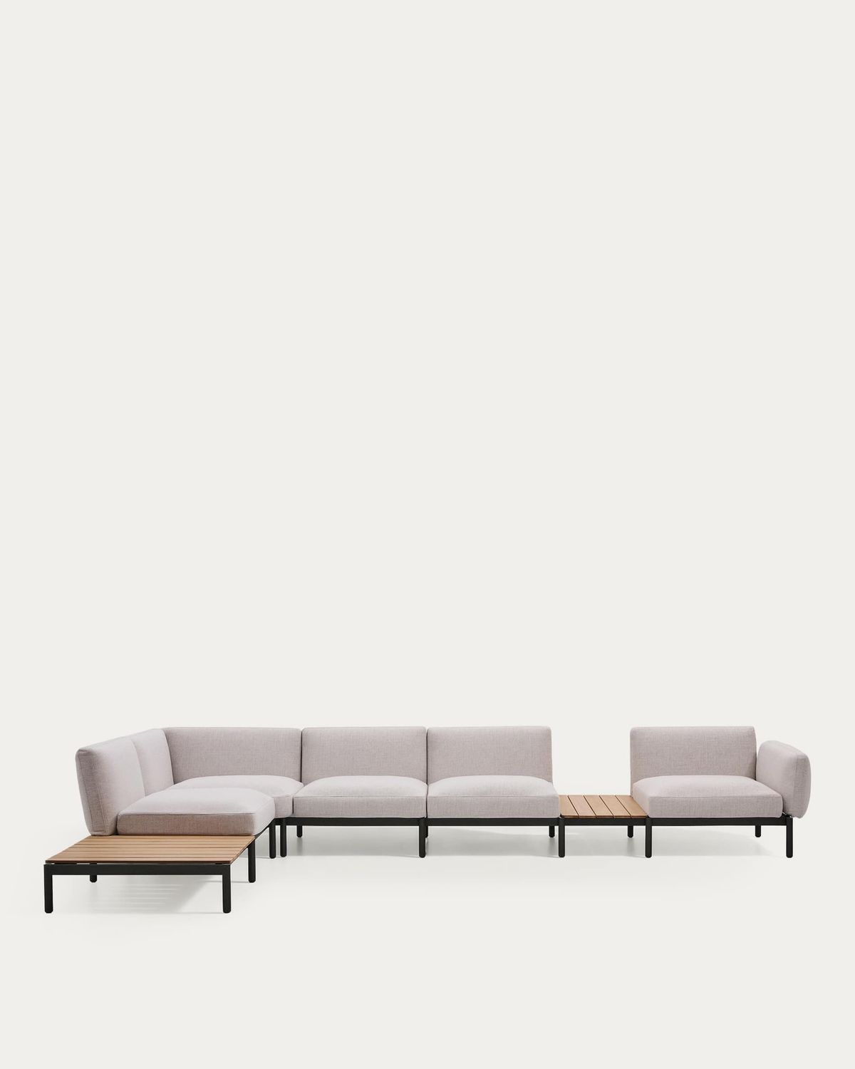 Sofá modular rinconero exterior Sorells 5 plazas tapizado beige y aluminio gris con mesas de teca 277 x 446 cm FSC 100%