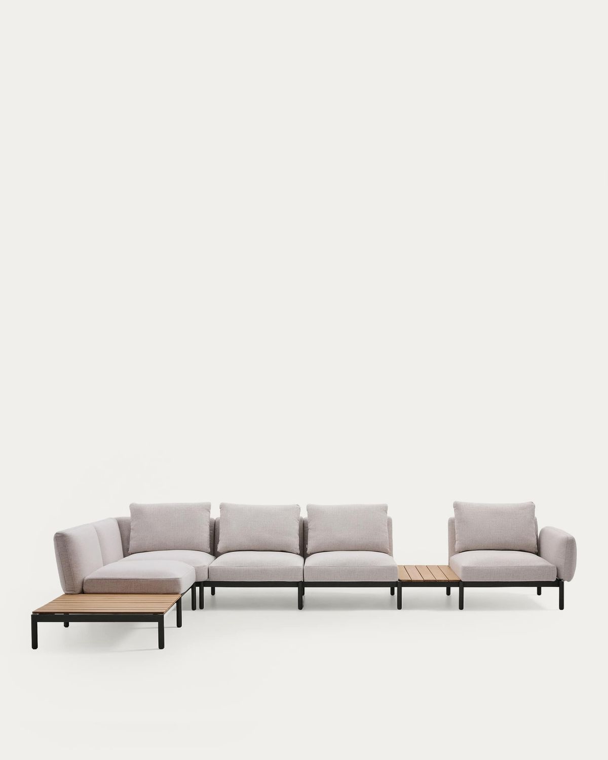 Sofá modular rinconero exterior Sorells 5 plazas tapizado beige y aluminio gris con mesas de teca 277 x 446 cm FSC 100%