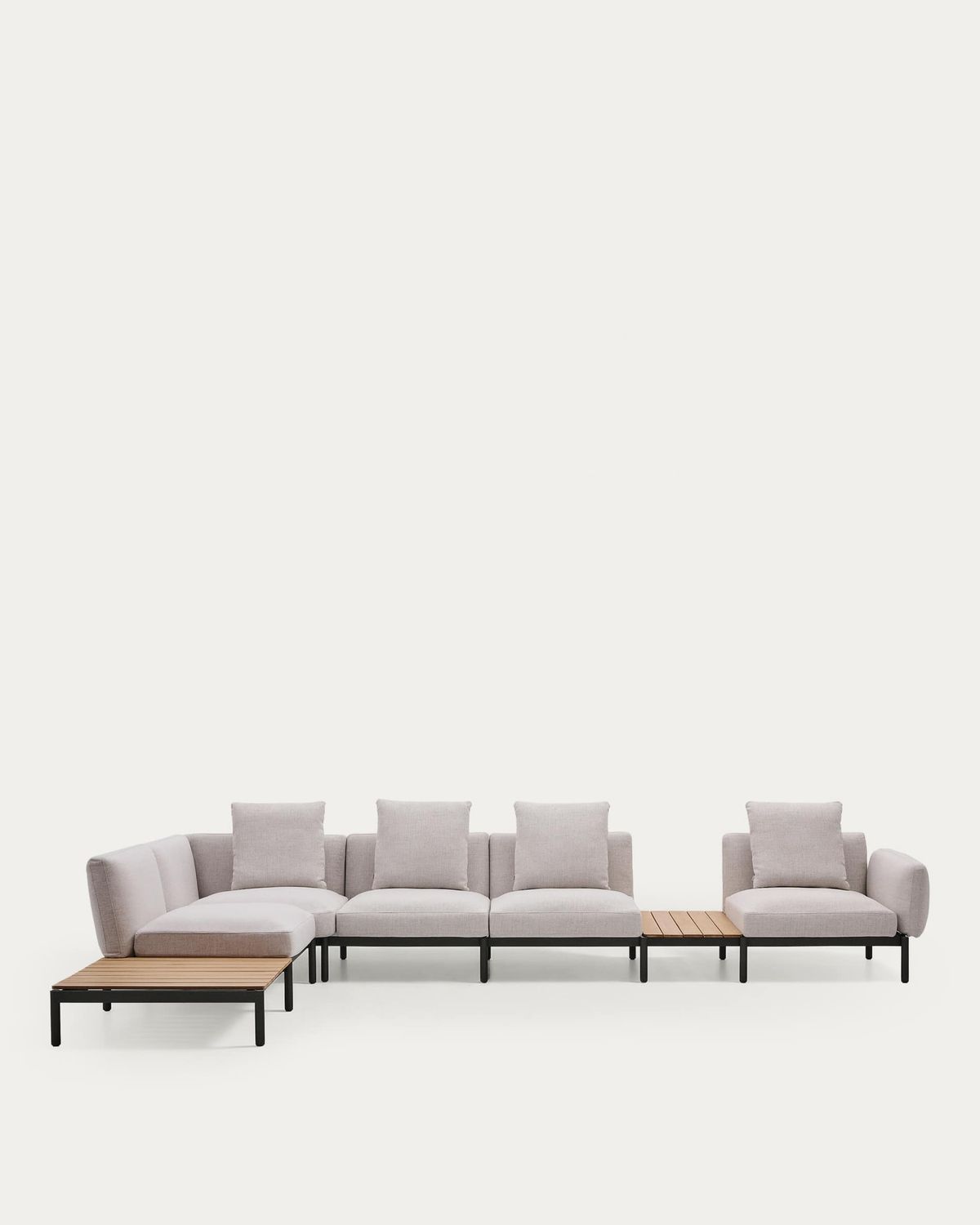 Sofá modular rinconero exterior Sorells 5 plazas tapizado beige y aluminio gris con mesas de teca 277 x 446 cm FSC 100%