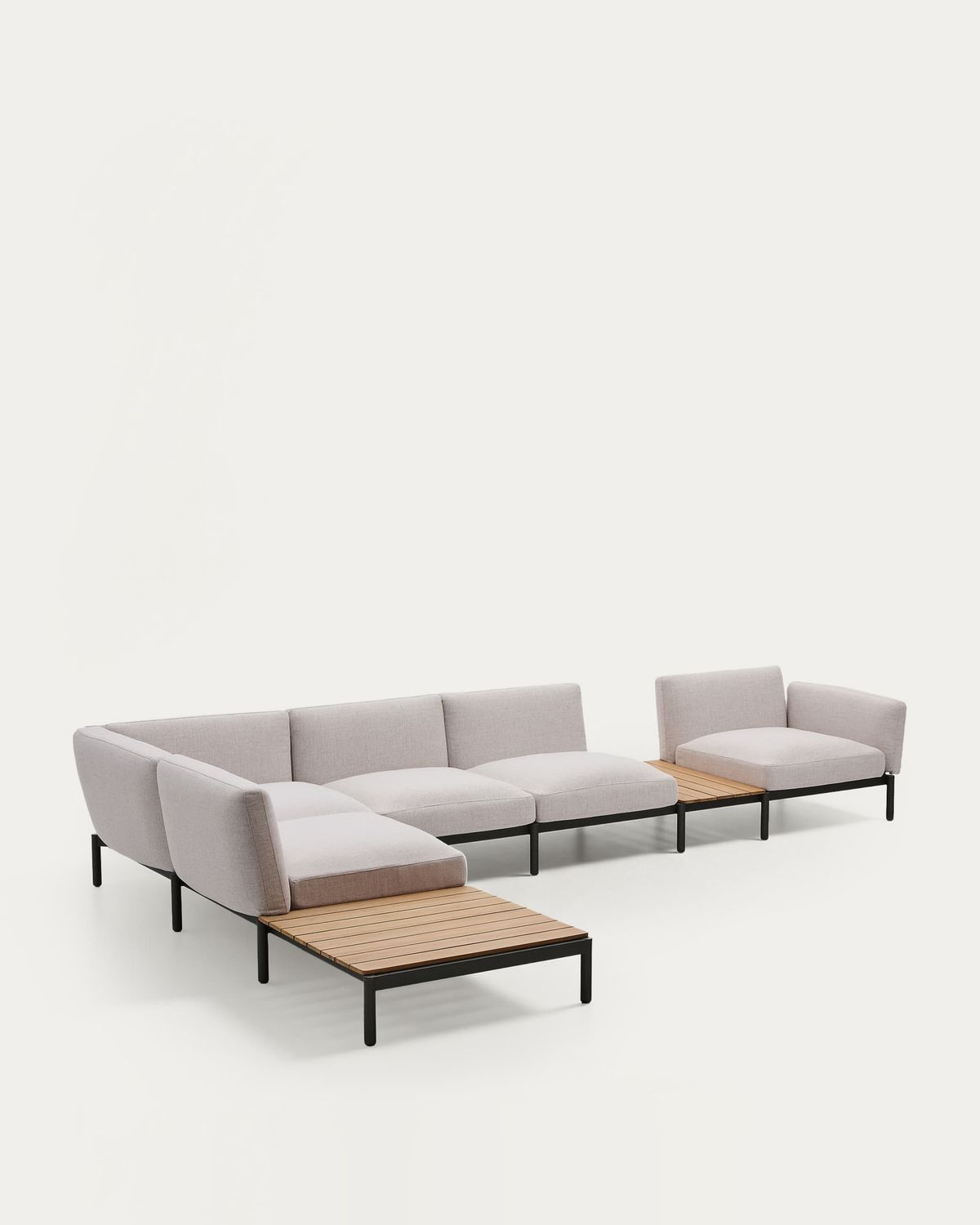 Sofá modular rinconero exterior Sorells 5 plazas tapizado beige y aluminio gris con mesas de teca 277 x 446 cm FSC 100%