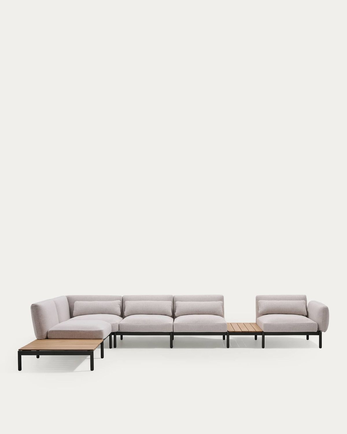 Sofá modular rinconero exterior Sorells 5 plazas tapizado beige y aluminio gris con mesas de teca 277 x 446 cm FSC 100%