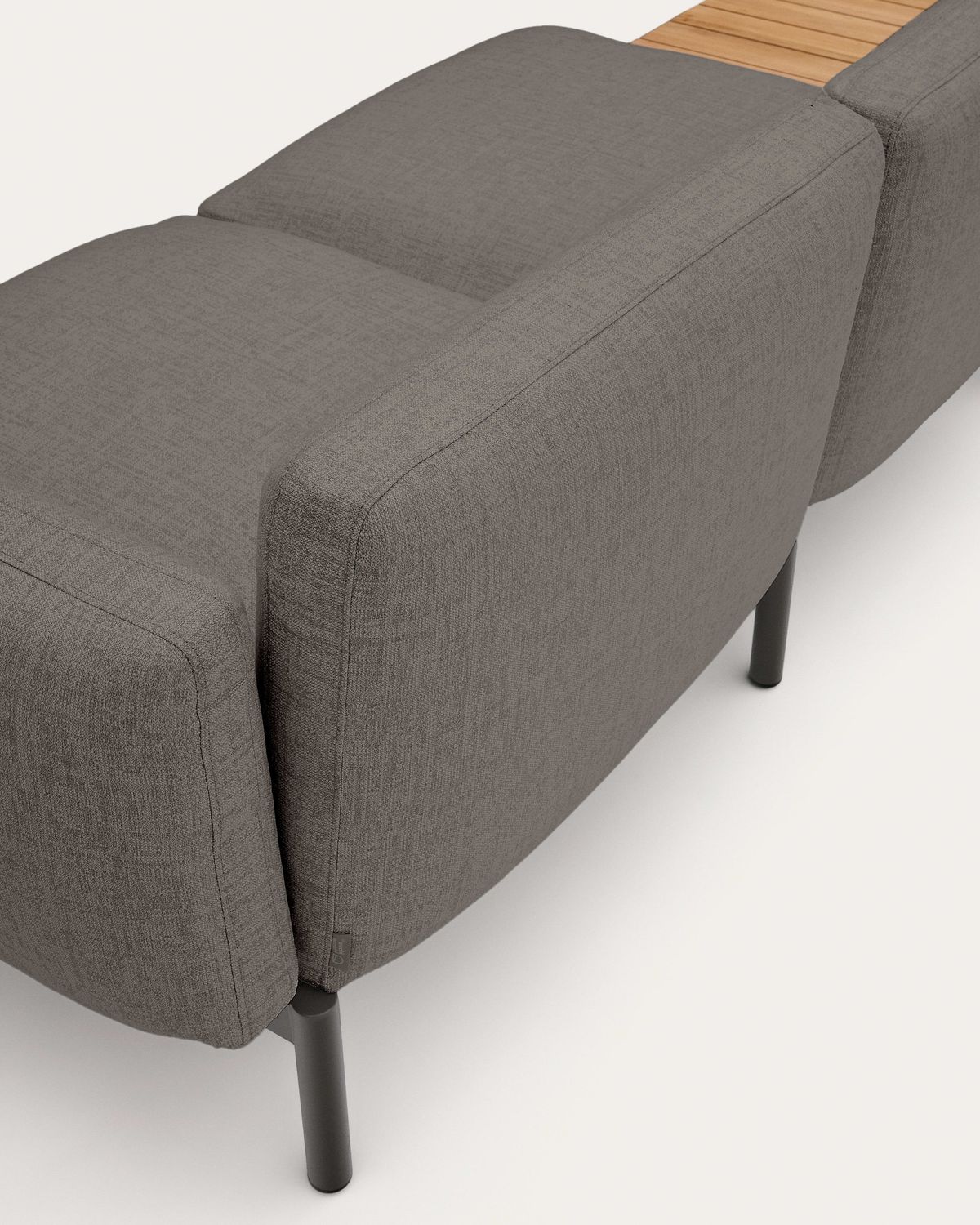 Sofá modular exterior Sorells 3 plazas tapizado gris y aluminio gris con mesa de teca 341 x 113 cm FSC 100%