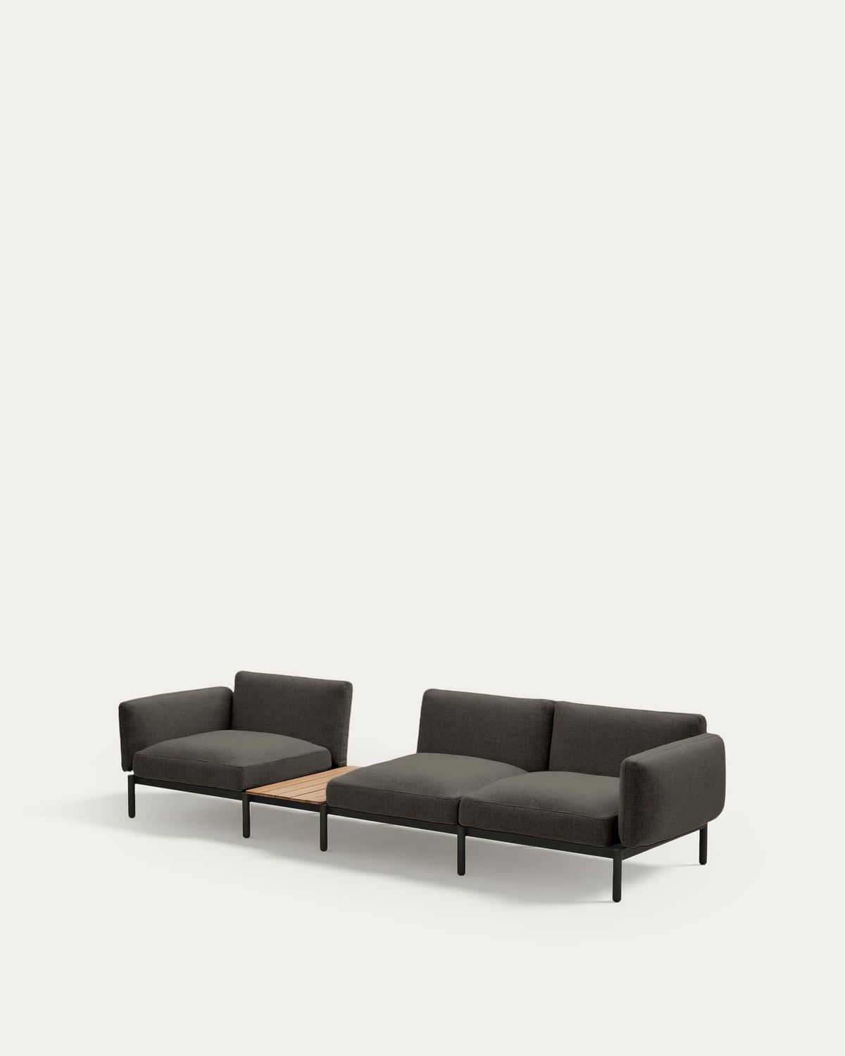 Sofá modular exterior Sorells 3 plazas tapizado gris y aluminio gris con mesa de teca 341 x 113 cm FSC 100%