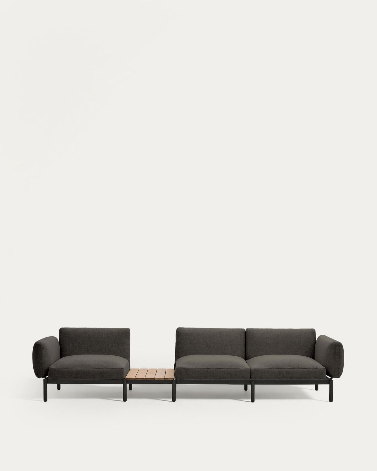 Sofá modular exterior Sorells 3 plazas tapizado gris y aluminio gris con mesa de teca 341 x 113 cm FSC 100%