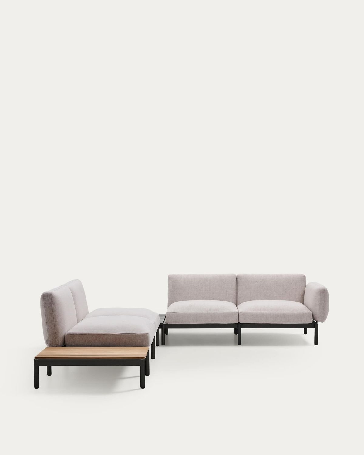 Sofá modular rinconero exterior Sorells 4 plazas tapizado beige y aluminio gris mesa de teca 353 x 316,5 cm FSC 100%