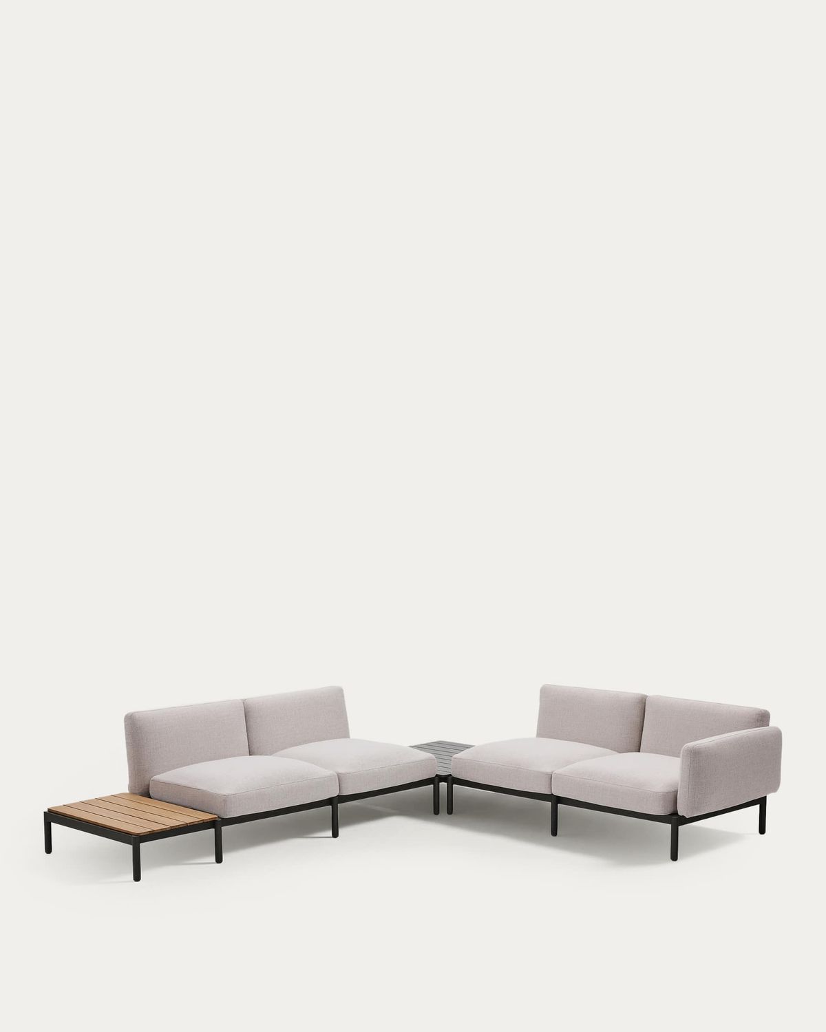 Sofá modular rinconero exterior Sorells 4 plazas tapizado beige y aluminio gris mesa de teca 353 x 316,5 cm FSC 100%