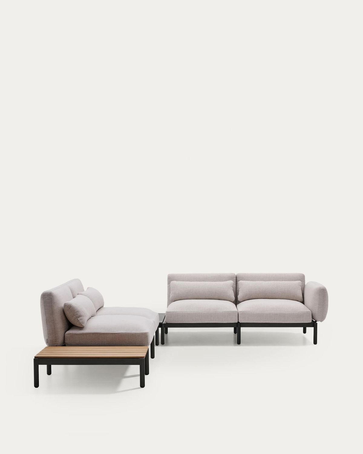 Sofá modular rinconero exterior Sorells 4 plazas tapizado beige y aluminio gris mesa de teca 353 x 316,5 cm FSC 100%