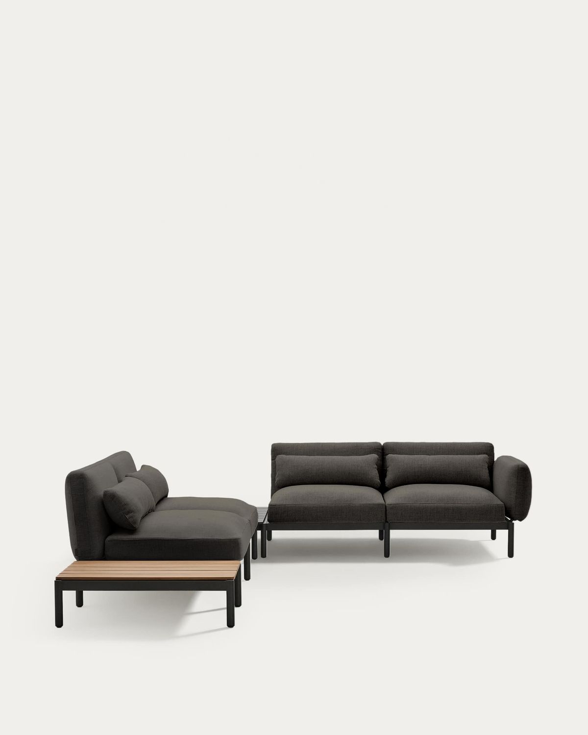 Sofá modular rinconero exterior Sorells 4 plazas tapizado gris y aluminio gris mesa de teca 353 x 316,5 cm FSC 100%