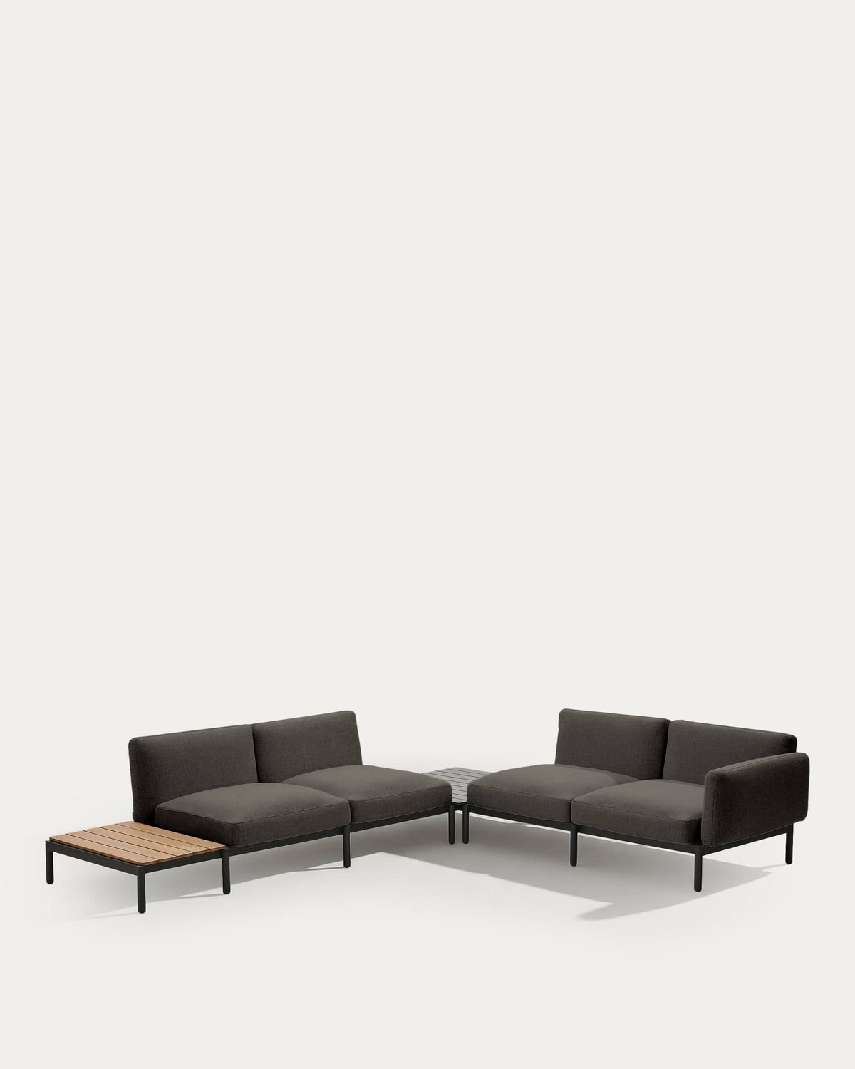 Sofá modular rinconero exterior Sorells 4 plazas tapizado gris y aluminio gris mesa de teca 353 x 316,5 cm FSC 100%