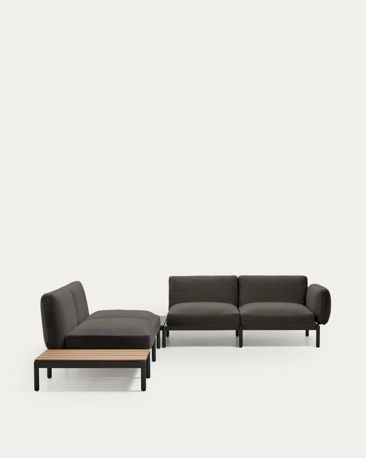 Sofá modular rinconero exterior Sorells 4 plazas tapizado gris y aluminio gris mesa de teca 353 x 316,5 cm FSC 100%