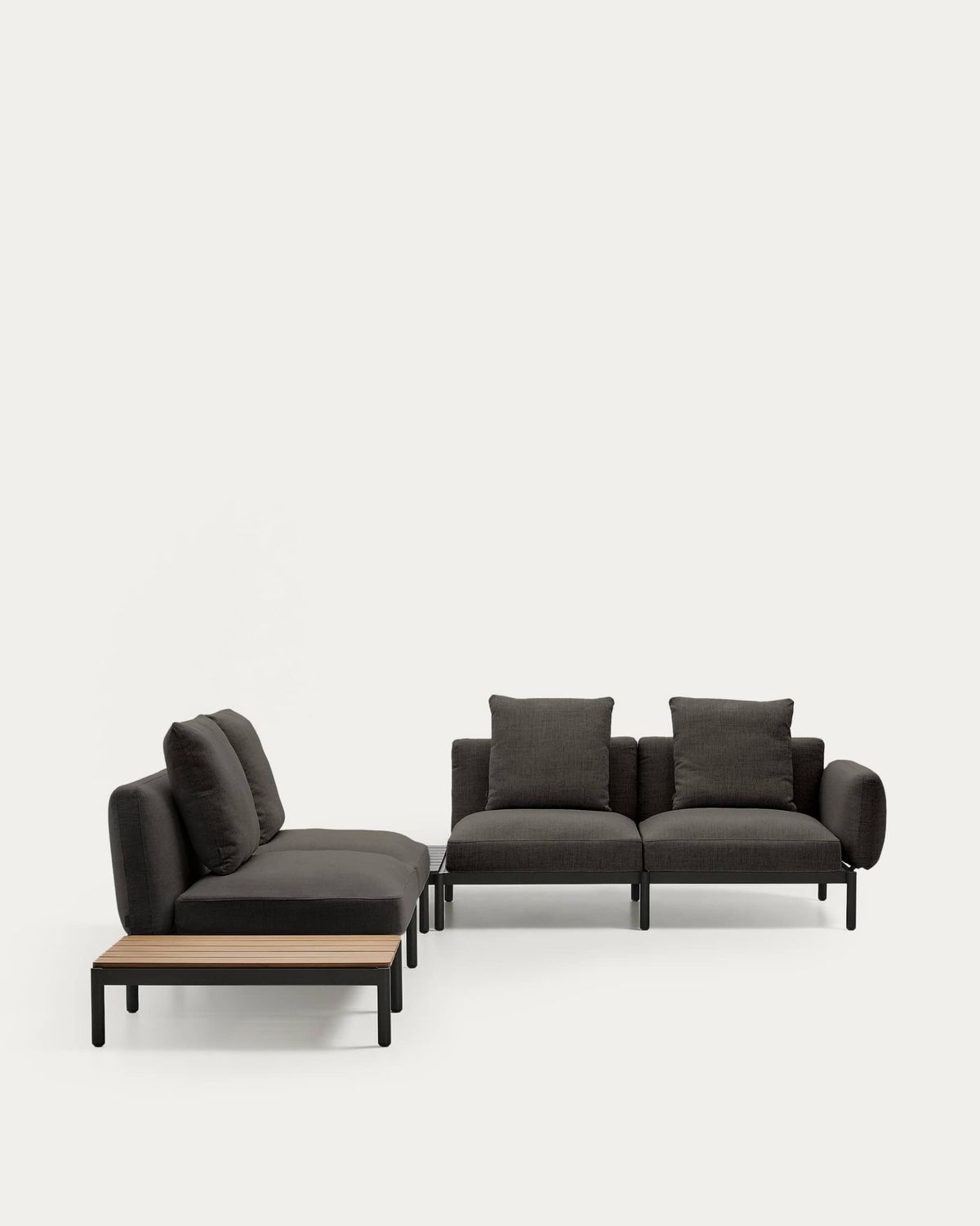 Sofá modular rinconero exterior Sorells 4 plazas tapizado gris y aluminio gris mesa de teca 353 x 316,5 cm FSC 100%