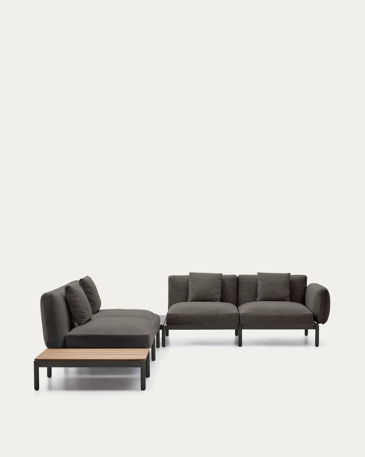 Sofá modular rinconero exterior Sorells 4 plazas tapizado gris y aluminio gris mesa de teca 353 x 316,5 cm FSC 100%