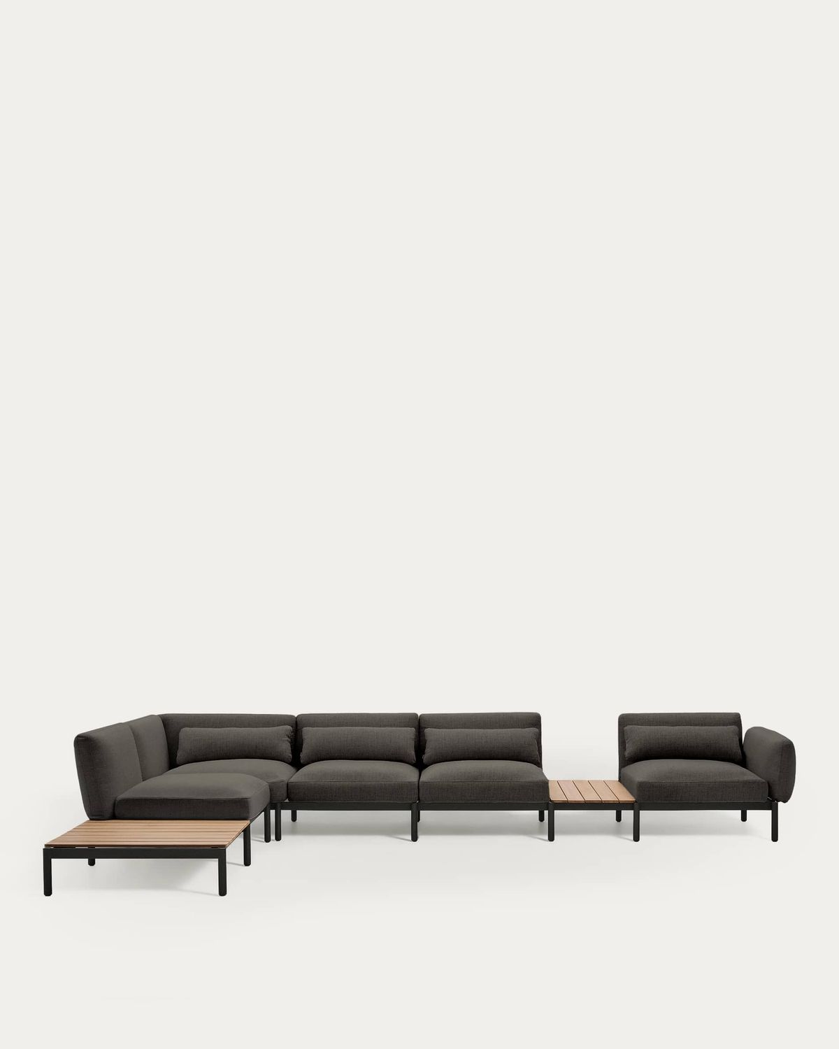 Sofá modular rinconero exterior Sorells 5 plazas tapizado gris y aluminio gris con mesas de teca 277 x 446 cm FSC 100%