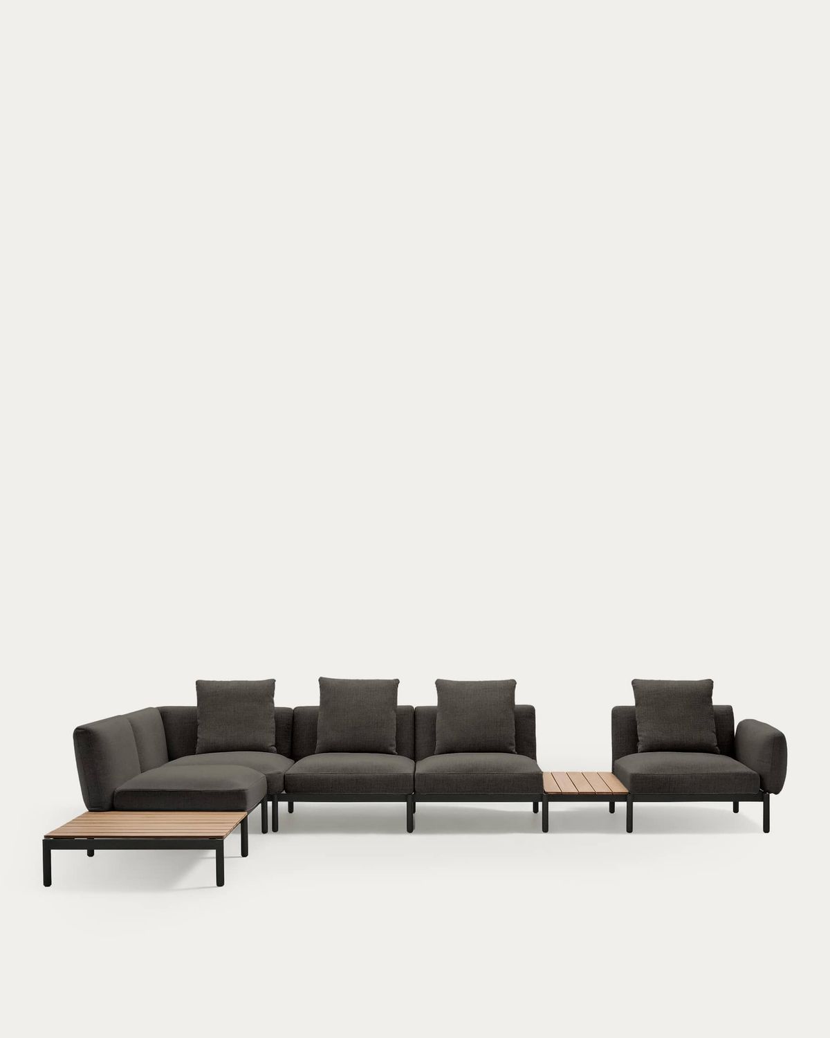 Sofá modular rinconero exterior Sorells 5 plazas tapizado gris y aluminio gris con mesas de teca 277 x 446 cm FSC 100%