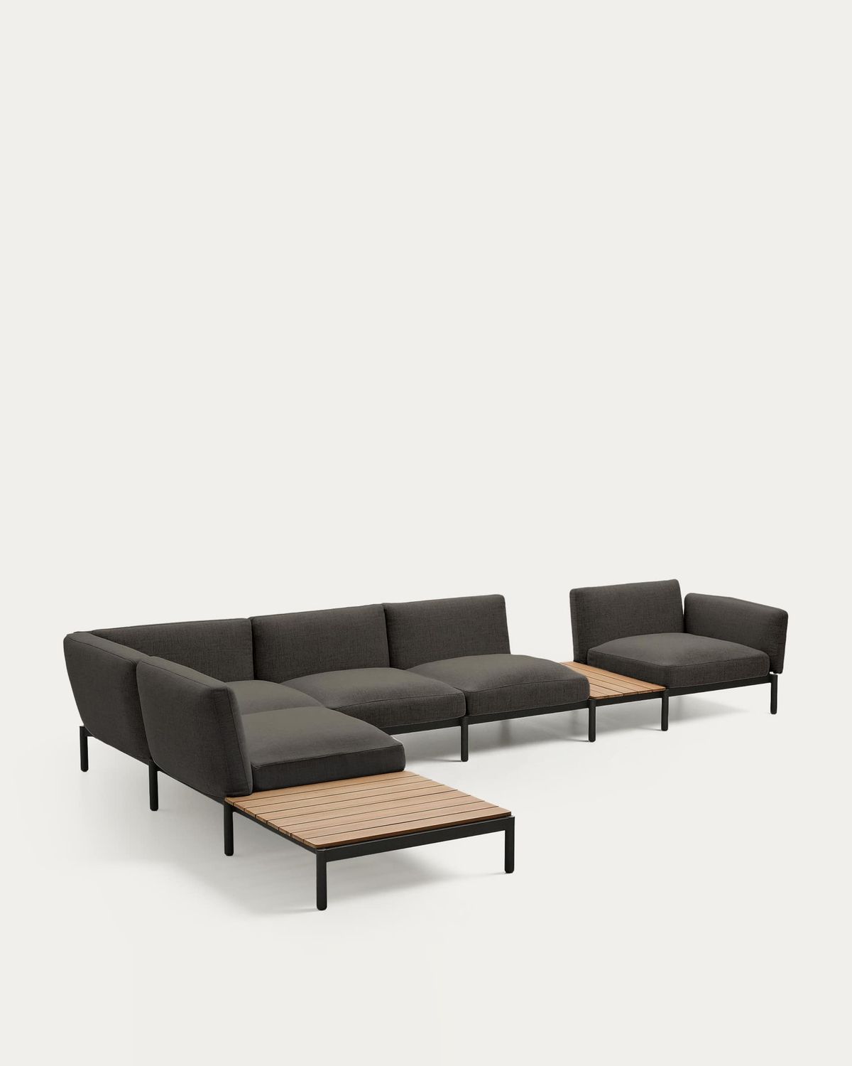 Sofá modular rinconero exterior Sorells 5 plazas tapizado gris y aluminio gris con mesas de teca 277 x 446 cm FSC 100%