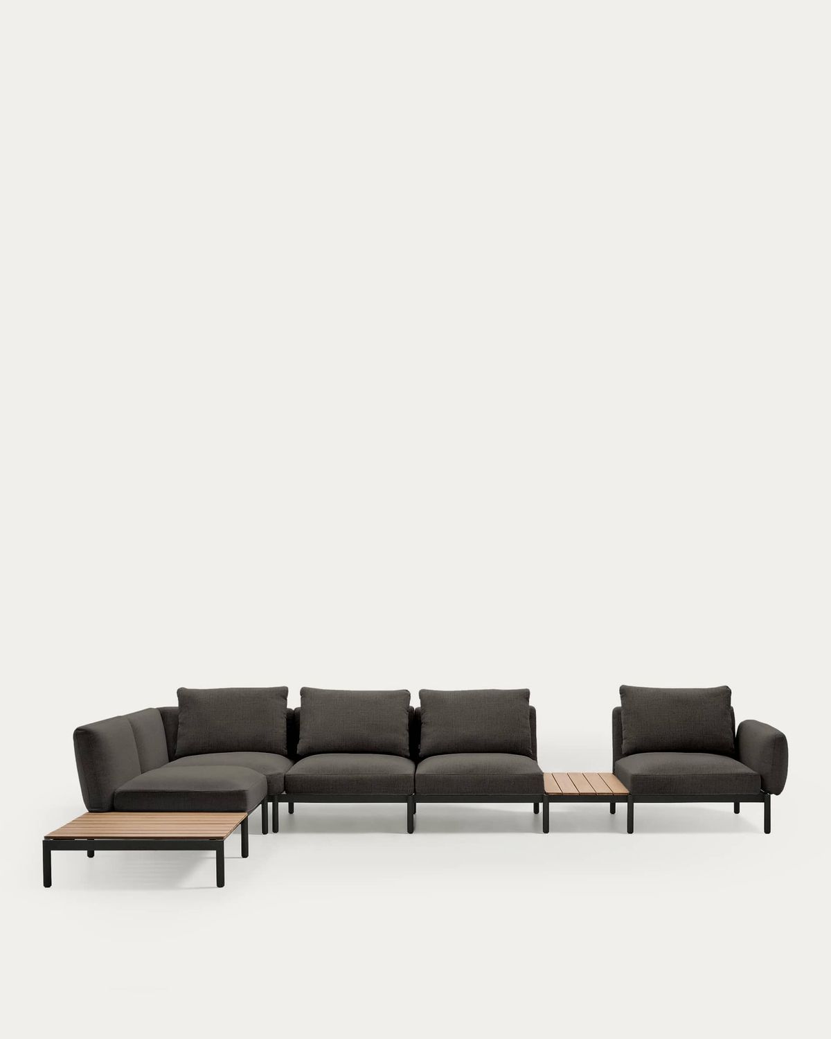 Sofá modular rinconero exterior Sorells 5 plazas tapizado gris y aluminio gris con mesas de teca 277 x 446 cm FSC 100%
