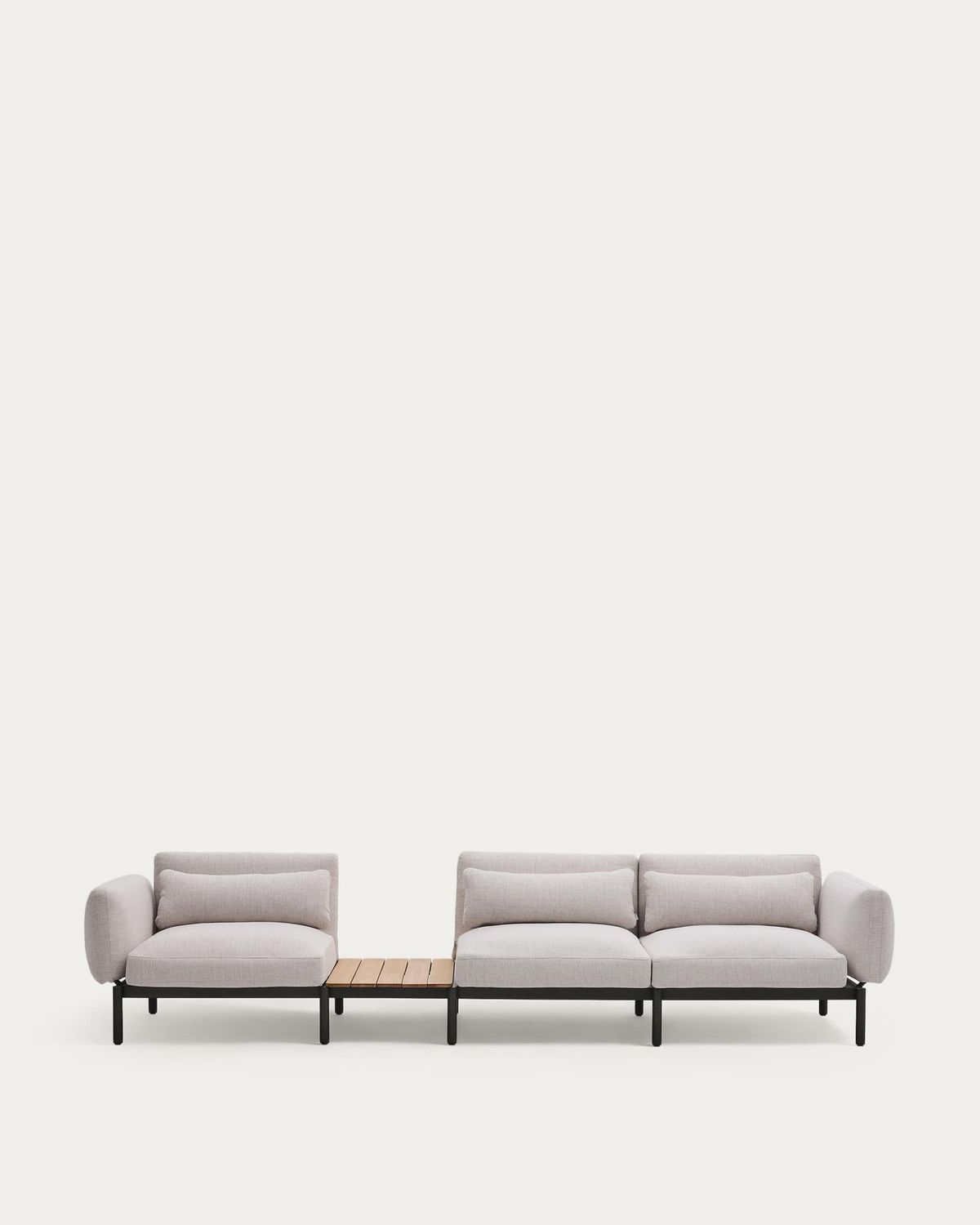 Sofá modular exterior Sorells 3 plazas tapizado beige y aluminio gris con mesa de teca 341 x 113 cm FSC 100%