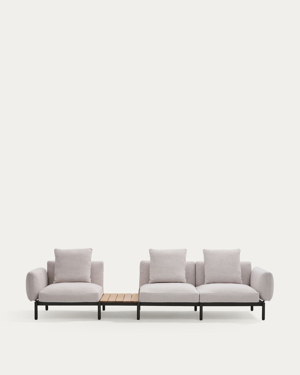 Sofá modular exterior Sorells 3 plazas tapizado beige y aluminio gris con mesa de teca 341 x 113 cm FSC 100%