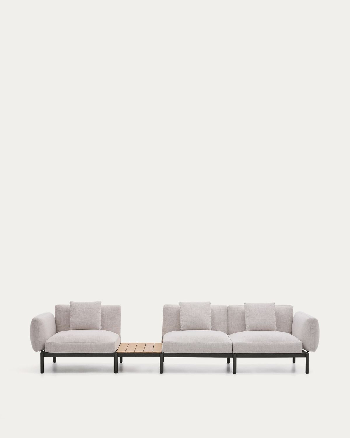 Sofá modular exterior Sorells 3 plazas tapizado beige y aluminio gris con mesa de teca 341 x 113 cm FSC 100%