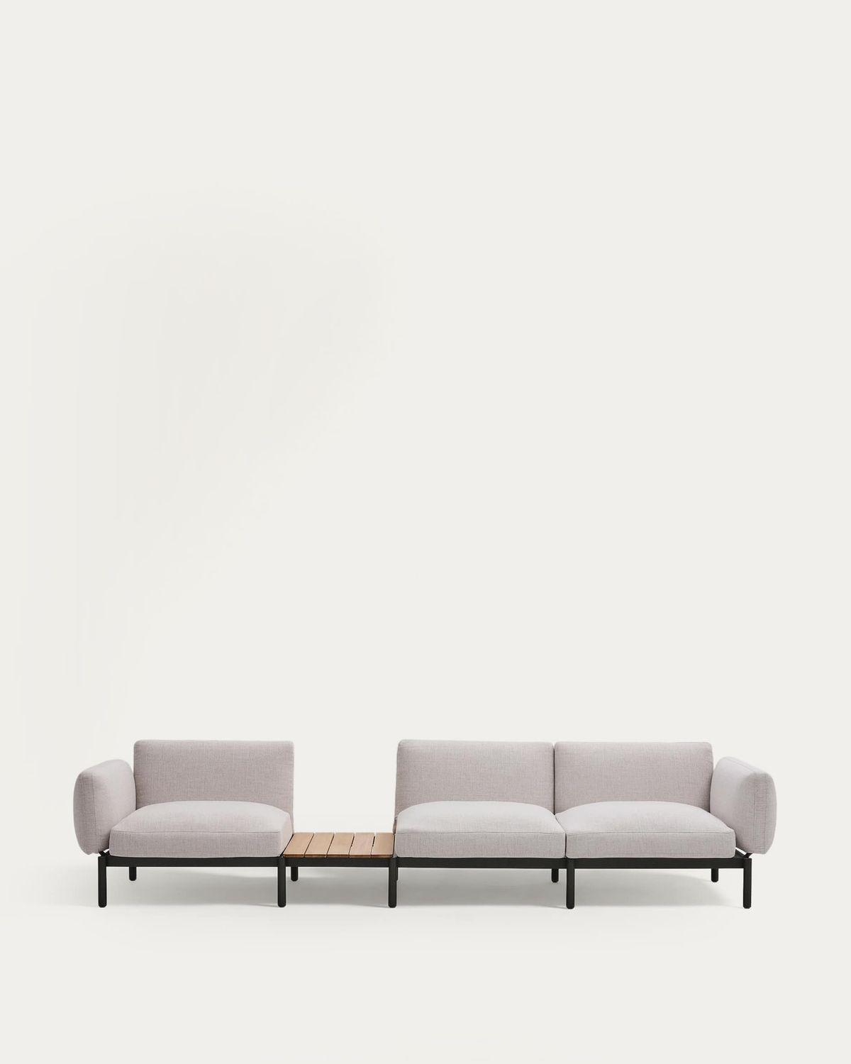 Sofá modular exterior Sorells 3 plazas tapizado beige y aluminio gris con mesa de teca 341 x 113 cm FSC 100%