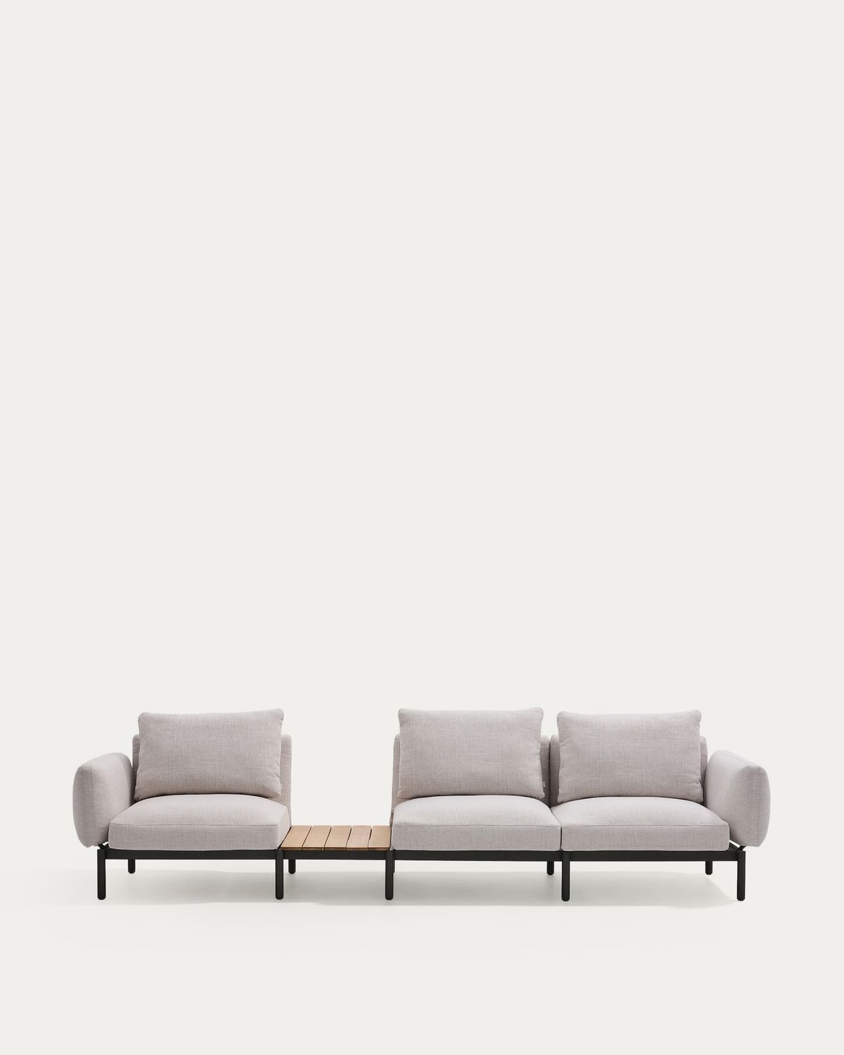 Sofá modular exterior Sorells 3 plazas tapizado beige y aluminio gris con mesa de teca 341 x 113 cm FSC 100%