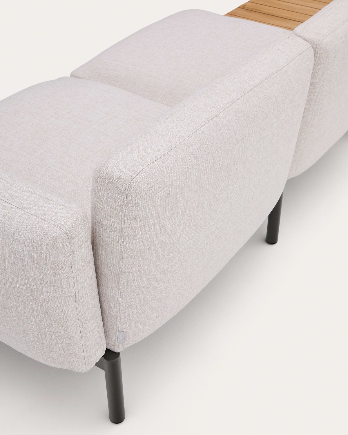 Sofá modular exterior Sorells 3 plazas tapizado beige y aluminio gris con mesa de teca 341 x 113 cm FSC 100%