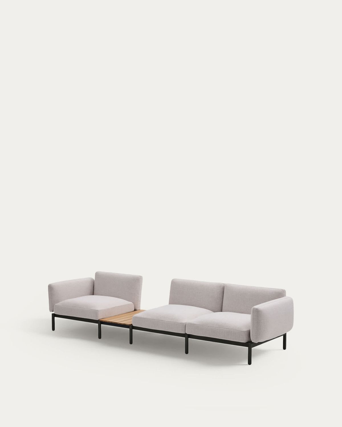 Sofá modular exterior Sorells 3 plazas tapizado beige y aluminio gris con mesa de teca 341 x 113 cm FSC 100%