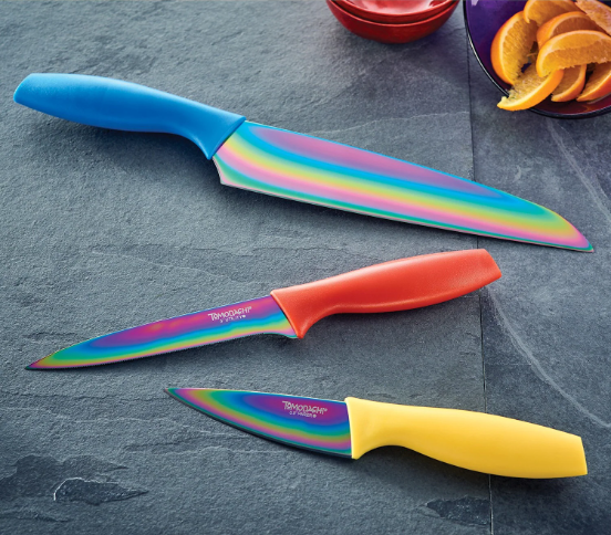 Hampton Forge Tomodachi 3 Piece Knife Set with 3 Blade Guards - Rainbow Titanium Coated Kitchen Knives
