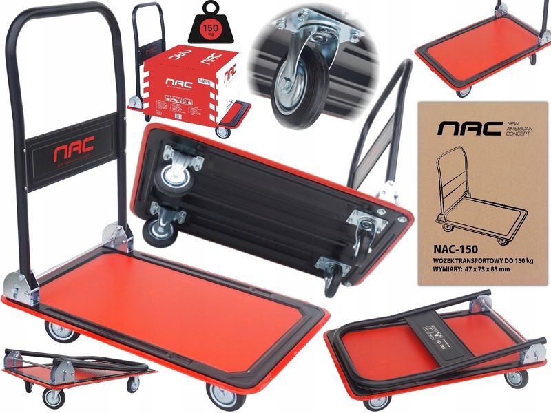 NAC WÓZEK MAGAZYNOWY SKŁADANY PLATFORMA TRANSPORTOWA 150kg, 2 skrętne koła