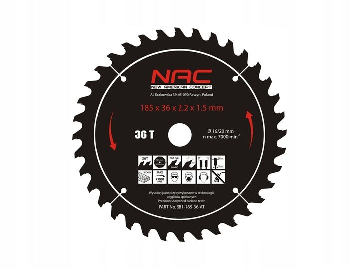 Widiowa Tarcza do Cięcia Drewna NAC 185x20 mm (36 Zębów)