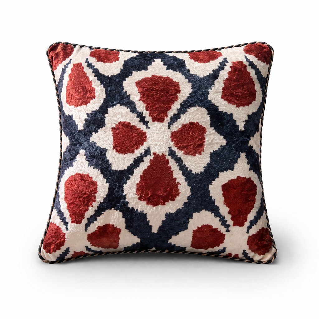Decorative Blue Ikat Cushion – Navy, Red &amp; White Patterned Throw Pillow