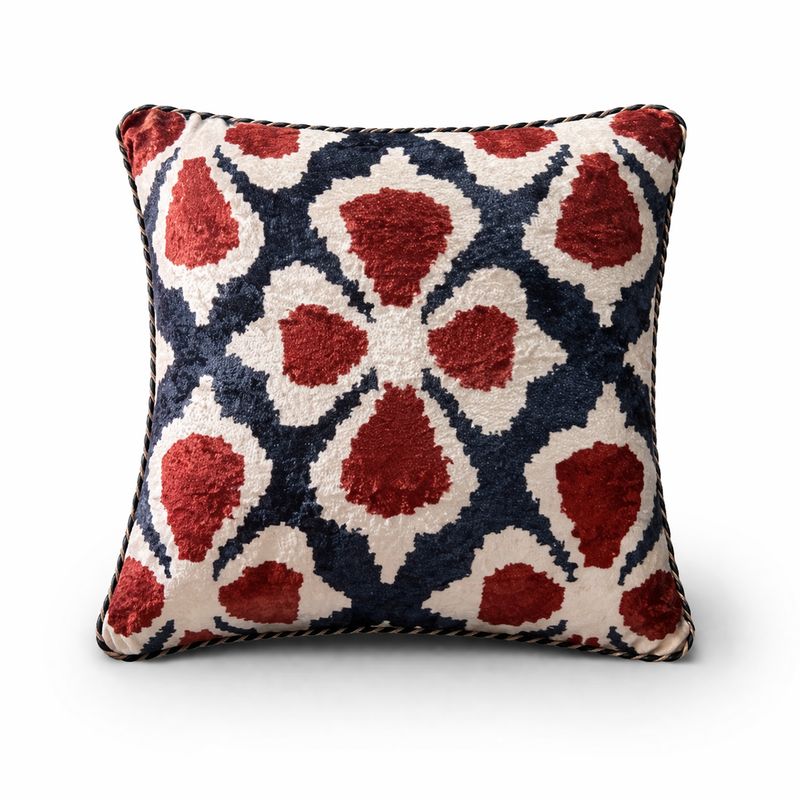 Decorative Blue Ikat Cushion – Navy, Red &amp; White Patterned Throw Pillow