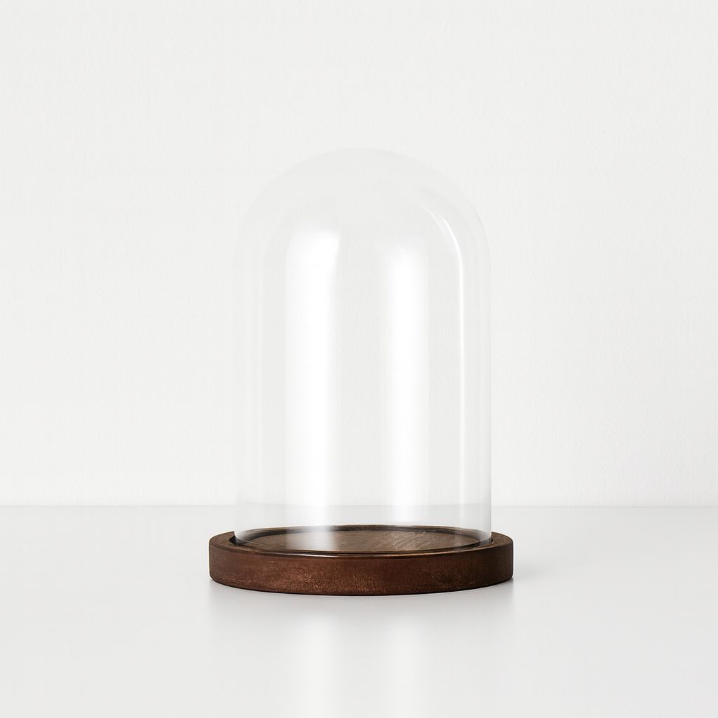 Glass dome with medium dark wooden base