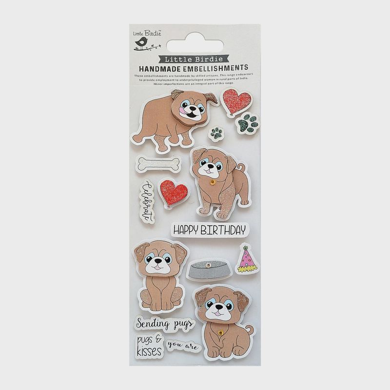 Little Birdie Birthday Wishes Embellishment 16/Pkg-Pugs and Kisses