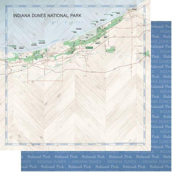 Indiana Dunes National Park Map and Words Double-Sided Paper 12 x 12