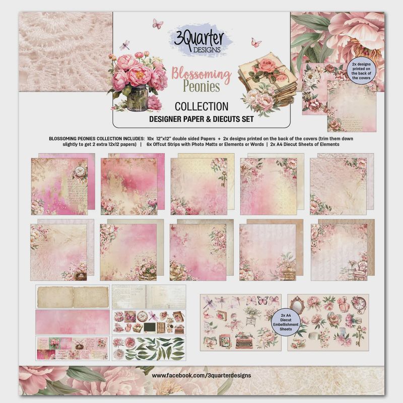 3Quarter Designs Blossoming Peonies 12x12 Design Paper &amp; Diecuts Set