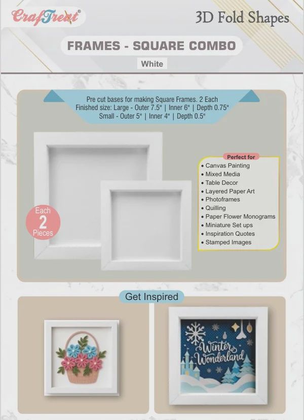 CrafTreat 3D Fold Shapes - Frames White - Square Combo 4pcs